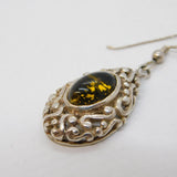 Sterling Silver Floral Pattern Green Amber Set Drop Earrings Vintage c1990s