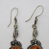 Sterling Silver & Baltic Amber Floral Drop Earrings Vintage c1980s