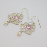 Pair of Sterling Silver Moonstone, Ruby & Pearl Hook Drop Earrings Modern c1990