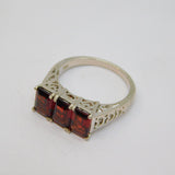 Sterling Silver Triple Stone Garnet Heart Pattern Ring Vintage c1970 Size O 1/2