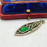 White Metal and Emerald Paste Celtic Knot Pendant Vintage c1970