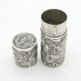 19th Century Chinese Export Silver Dragon Pattern Cylindrical Box Antique Canton