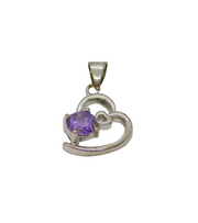 Sterling Silver Purple Crystal Offset Heart Charm Pendant Modern c1990s