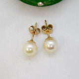 9ct Yellow Gold & Simulated Pearl Set Stud Earrings Vintage c1970