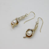 Pair of Sterling Silver Pearl Lily Form Hook Drop Earrings Contemporary c1990