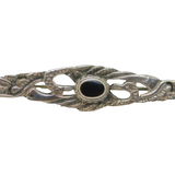 Sterling Silver Black Onyx Oval Set Wing Form Bar Brooch Pin Vintage c1970