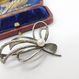Sterling Silver Textured Form Pearl Set Floral Brooch Pin Vintage c1960