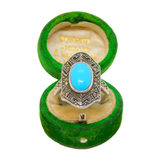 Sterling Silver Synthetic Turquoise & Marcasite Dress Ring Modern c1990 Size P