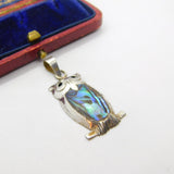 Sterling Silver & Abalone Set Perched Owl Pendant Vintage c1970