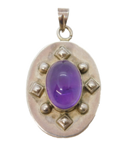 Sterling Silver Taxco Style Amethyst Cabochon Drop Pendant Vintage 1998 London