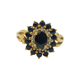 9ct Yellow Gold, Blue Sapphire & Spinel Floral Cluster Ring Vintage London
