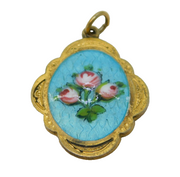 Gold Plated & Rose Flower Enamel Set Drop Pendant Antique c1920 Art Deco