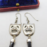 Sterling Silver Theatrical Muse Mask Onyx Drop Earrings Vintage c1970
