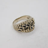 Sterling Silver Black Enamel Leaf Pattern Wavy Band Ring Modern c1990 Size M
