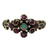 Sterling Silver, Ruby & Opal Floral Cluster Ring Vintage 1977 London