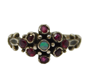 Sterling Silver, Ruby & Opal Floral Cluster Ring Vintage 1977 London