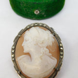 .800 Silver, Marcasite & Carved Shell Female Cameo Brooch Pin Antique c1930