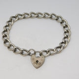 Sterling Silver Curb Link Charm Bracelet Heart Lock Vintage c1970 18cm Length