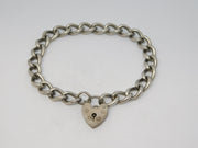 Sterling Silver Curb Link Charm Bracelet Heart Lock Vintage c1970 18cm Length