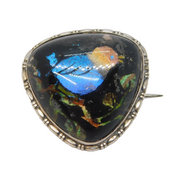 Sterling Silver Mounted Morpho Butterfly Wing Perched Bird Brooch Antique c1920