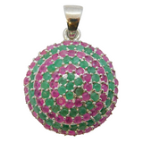 Sterling Silver, Emerald & Ruby Circular Drop Pendant Vintage c1990s