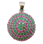 Sterling Silver, Emerald & Ruby Circular Drop Pendant Vintage c1990s