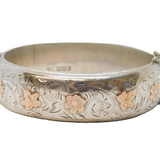 Sterling Silver & Gold Floral Pattern Cuff Bangle Bracelet Vintage 1960 Chester