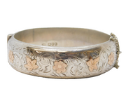 Sterling Silver & Gold Floral Pattern Cuff Bangle Bracelet Vintage 1960 Chester