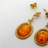 9ct Yellow Gold & Cabochon Cut Baltic Amber Stud Earrings Vintage c1980
