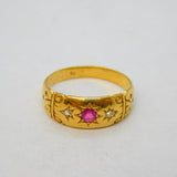 Victorian 18ct Yellow Gold, Ruby & Diamond Gypsy Ring Antique c1880s