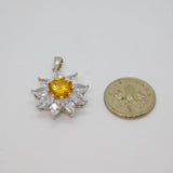 Sterling Silver Citrine & 9 Cubic Zirconia Flower Form Pendant Modern c1990s