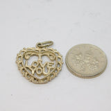 Sterling Silver "I Love You" Patterned Open Heart Charm Pendant Vintage c1970