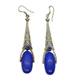 Pair of Sterling Silver Mexican Lapiz Lazuli Cutwork Hook Earrings Vintage c1970