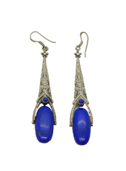 Pair of Sterling Silver Mexican Lapiz Lazuli Cutwork Hook Earrings Vintage c1970
