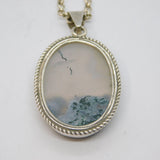 Sterling Silver Cabochon Moss Agate Studio Pendant Necklace Vintage c1990's