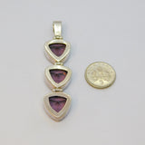 Sterling Silver Triple Amethyst Chunky Hinged Charm Pendant Vintage c1970