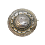 Victorian Sterling Silver Floral Pattern Button Brooch Pin Antique c1880s