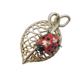 Sterling Silver Enamel Ladybird on the Leaf Charm Pendant Vintage c1970s