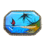 TLM Sterling Silver & Morpho Butterfly Wing Set Island Scene Brooch Antique