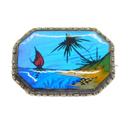 TLM Sterling Silver & Morpho Butterfly Wing Set Island Scene Brooch Antique