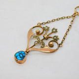 Edwardian 9ct Rose Gold, Seed Pearl & Turquoise Lavalier Pendant Antique c1910
