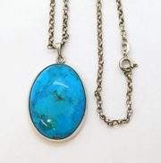 Sterling Silver & Turquoise Set Drop Pendant Necklace Vintage c1970s