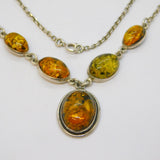 Sterling Silver Cabochon Baltic Amber Set Drop Necklace Vintage c1970
