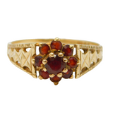 9ct Yellow Gold & Bohemian Garnet Floral Cluster Ring Vintage 1976 London