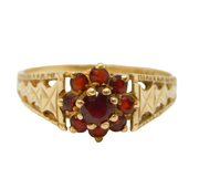 9ct Yellow Gold & Bohemian Garnet Floral Cluster Ring Vintage 1976 London