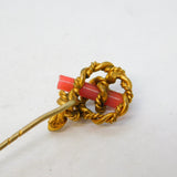 Victorian Gilt Metal & Coral Baton Knot Form Stick Pin Antique c1880
