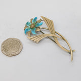 14ct Gold, Sterling Silver & Enamel Floral Spray Brooch Vintage c1960s