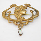 Art Nouveau Style Rolled Gold & Cabochon Opal Drop Brooch Vintage c1970