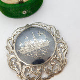 Siam Sterling Silver Niello Enamel Temple Scene Brooch Antique c1940