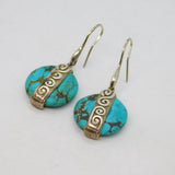 Pair of Sterling Silver Aztec Style Turquoise Studio Drop Earrings Vintage c1970